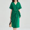 Summer Green Tencel V neck Cross Tie Wrap Dress 1
