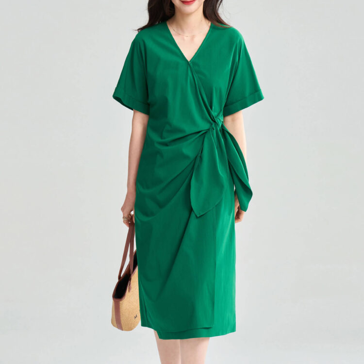 Summer Green Tencel V-neck Cross Tie Wrap Dress