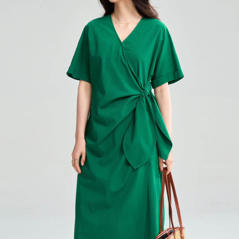 Summer Green Tencel V neck Cross Tie Wrap Dress 2