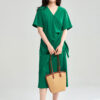 Summer Green Tencel V neck Cross Tie Wrap Dress 4