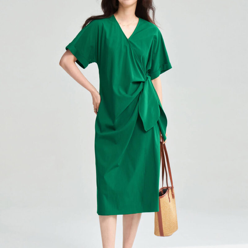 Summer Green Tencel V neck Cross Tie Wrap Dress 5