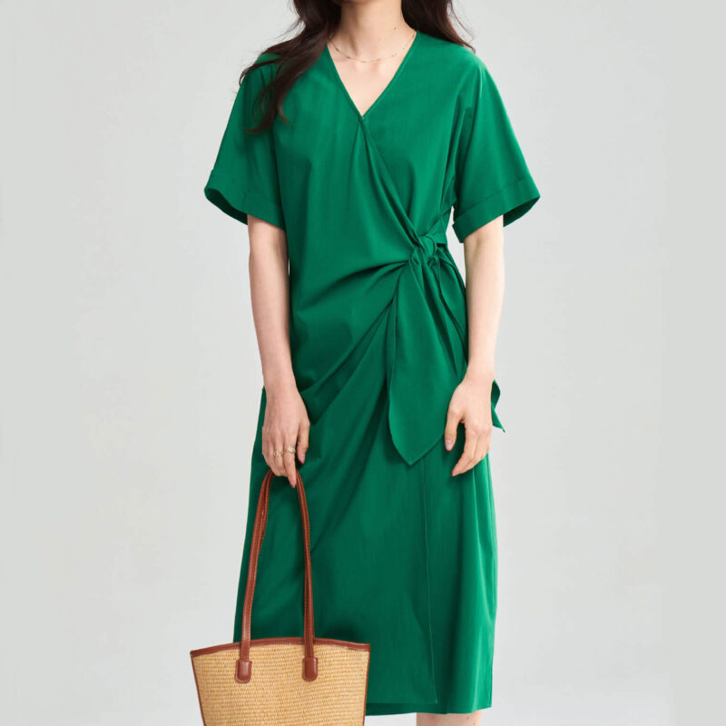 Summer Green Tencel V neck Cross Tie Wrap Dress 6