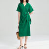 Summer Green Tencel V neck Cross Tie Wrap Dress 7