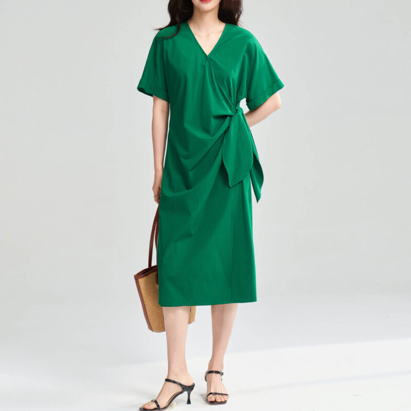 Summer Green Tencel V neck Cross Tie Wrap Dress 7