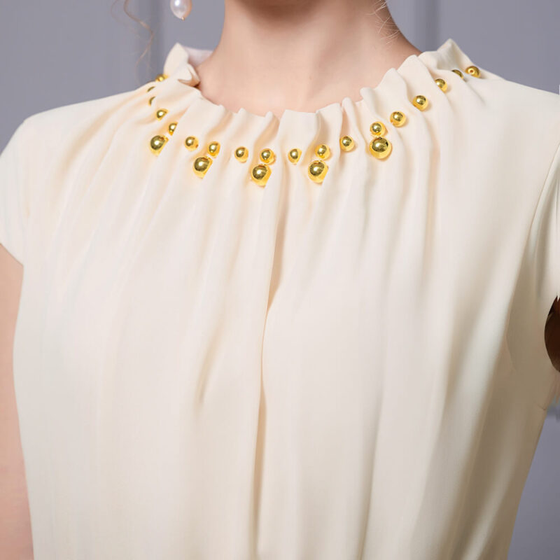 Summer Handmade Beaded Ruffled Collar Front Slit Dress 2