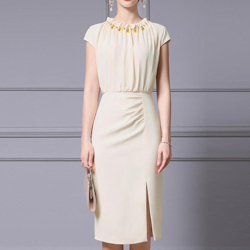 Summer Handmade Beaded Ruffled Collar Front Slit Dress 5