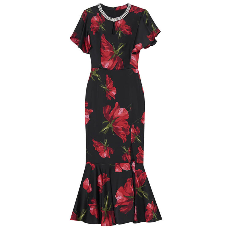 Summer Handmade Pearl Collar Fishtail Side Slit Slim Print Dress