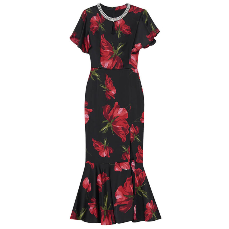 Summer Handmade Pearl Collar Fishtail Side Slit Slim Print Dress 1