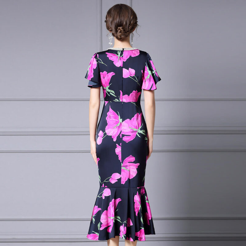 Summer Handmade Pearl Collar Fishtail Side Slit Slim Print Dress 10