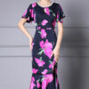 Summer Handmade Pearl Collar Fishtail Side Slit Slim Print Dress 11