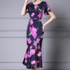 Summer Handmade Pearl Collar Fishtail Side Slit Slim Print Dress 12