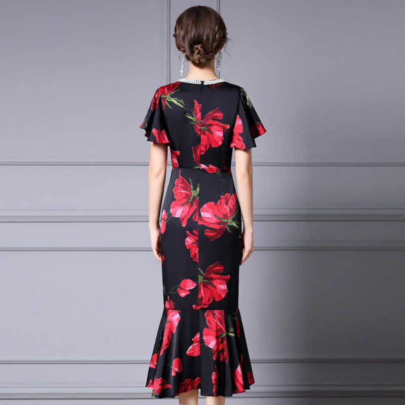 Summer Handmade Pearl Collar Fishtail Side Slit Slim Print Dress 2