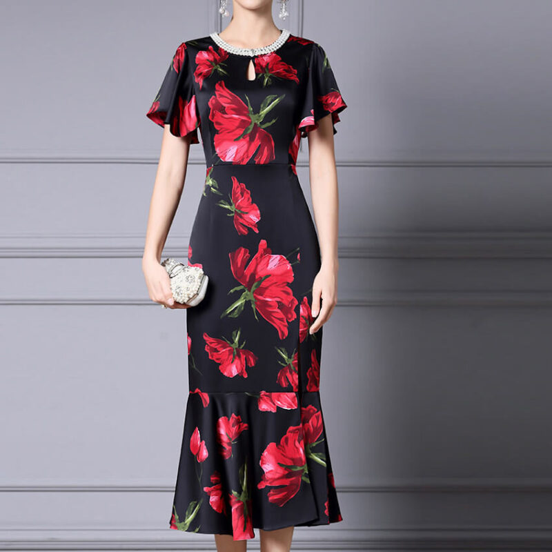 Summer Handmade Pearl Collar Fishtail Side Slit Slim Print Dress 3