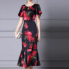 Summer Handmade Pearl Collar Fishtail Side Slit Slim Print Dress 4