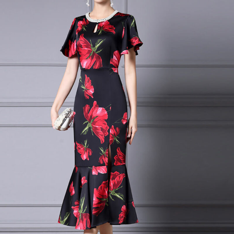Summer Handmade Pearl Collar Fishtail Side Slit Slim Print Dress 4
