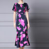 Summer Handmade Pearl Collar Fishtail Side Slit Slim Print Dress 5