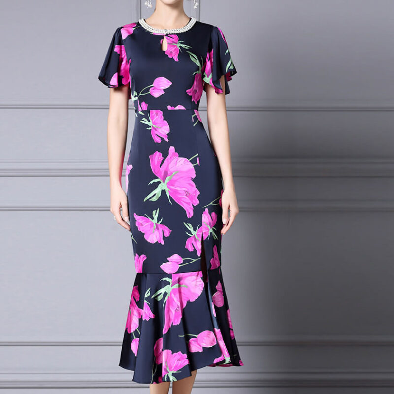 Summer Handmade Pearl Collar Fishtail Side Slit Slim Print Dress 5