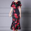 Summer Handmade Pearl Collar Fishtail Side Slit Slim Print Dress 7