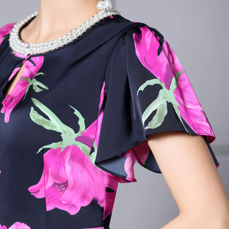 Summer Handmade Pearl Collar Fishtail Side Slit Slim Print Dress 9