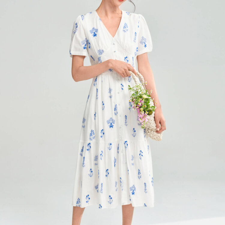 Summer Embroidery Cotton V-Neck Floral Dress