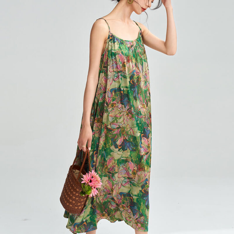 Summer Holiday Style Elegant Floral Green Suspender Dress