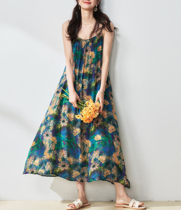 Summer Holiday Style Elegant Retro Floral Suspender Dress