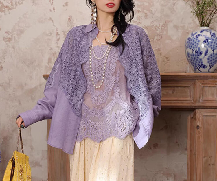 Summer Hollow Lace Spliced Long Sleeve Shirt