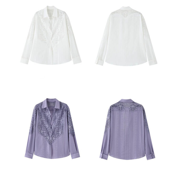 Summer Hollow Lace Spliced Long Sleeve Shirt