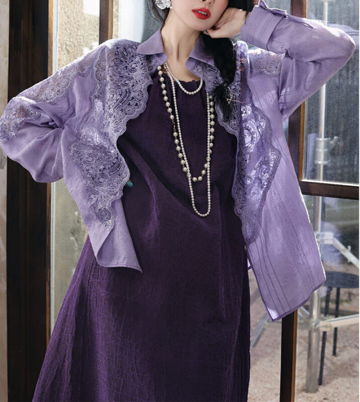 Summer Hollow Lace Spliced Long Sleeve Shirt