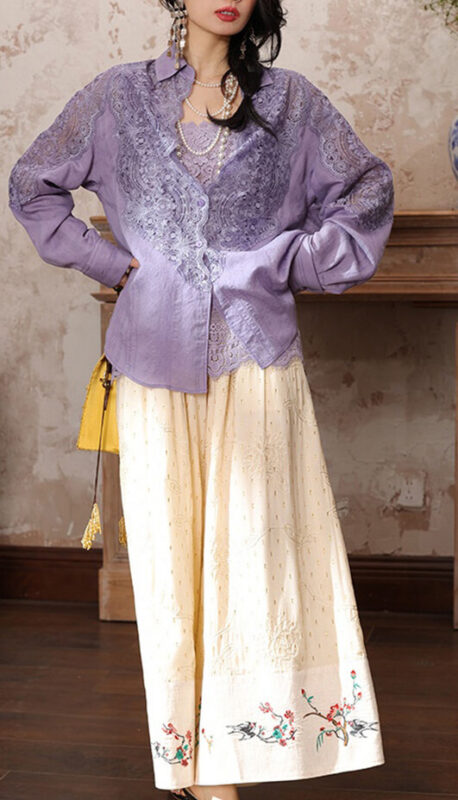 Summer Hollow Lace Spliced Long Sleeve Shirt