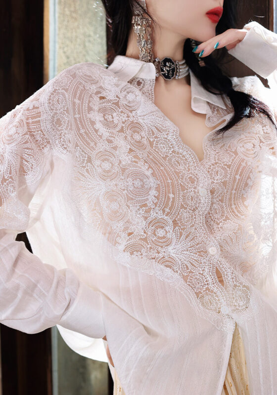 Summer Hollow Lace Spliced Long Sleeve Shirt
