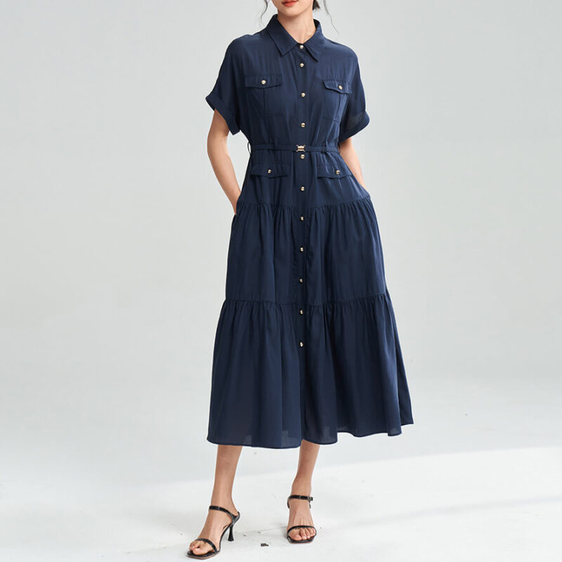 Summer Lapel Button Short Sleeve Shirt Dress 4