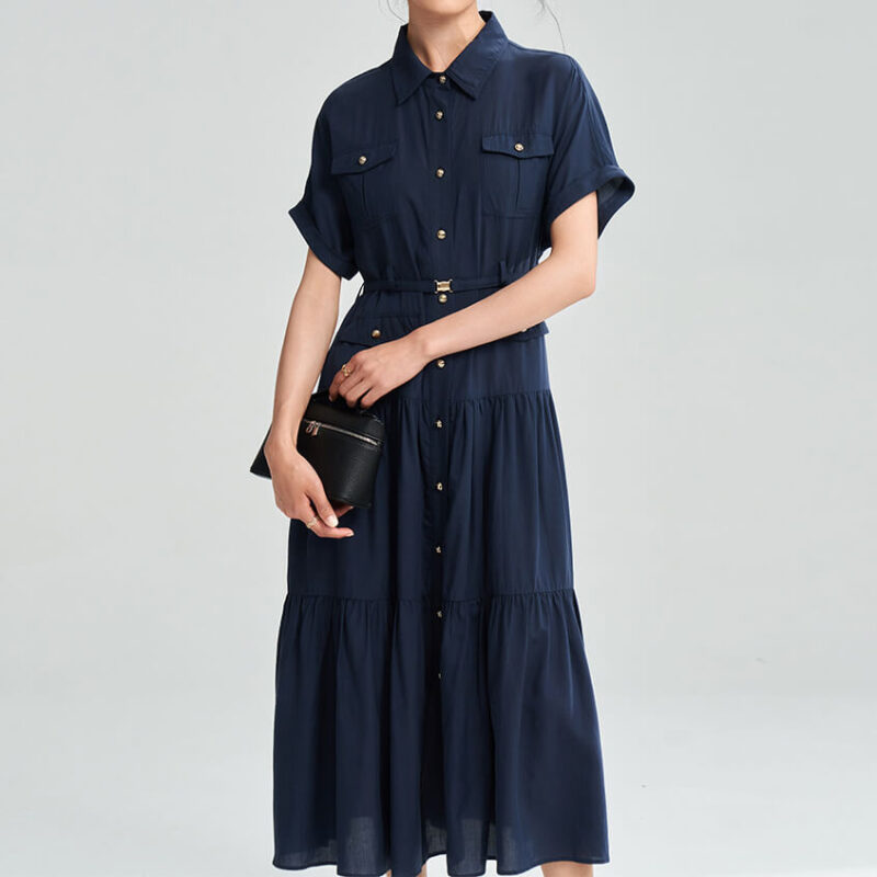 Summer Lapel Button Short Sleeve Shirt Dress 5