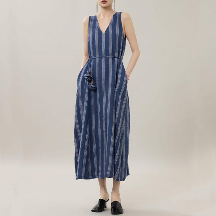 Summer Linen Striped Holiday Style Sleeveless V-neck Dress