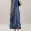 Summer Linen Striped Holiday Style Sleeveless V-neck Dress