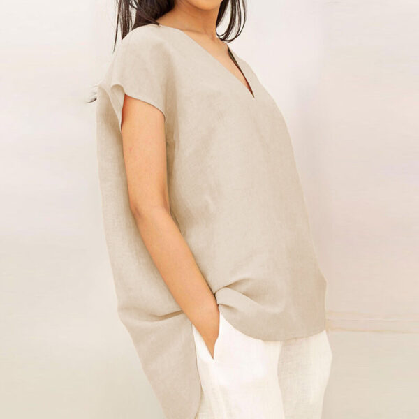 Summer Loose fitting Linen V neck Asymmetrical Hem Blouse 2