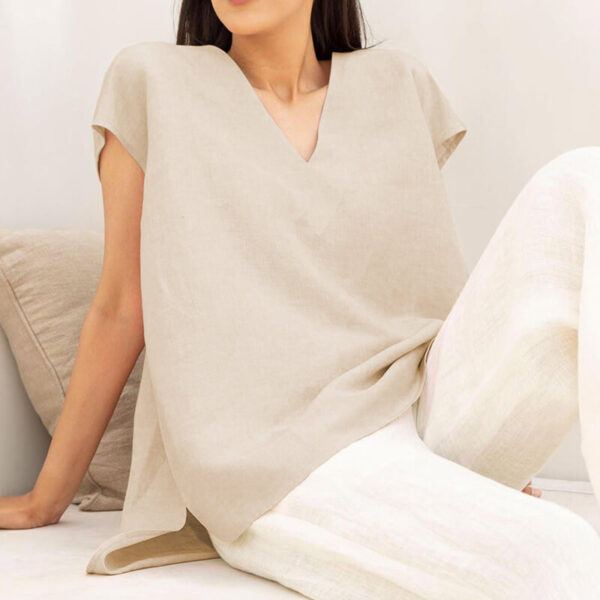 Summer Loose fitting Linen V neck Asymmetrical Hem Blouse 3