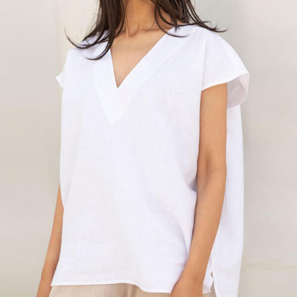 Summer Loose fitting Linen V neck Asymmetrical Hem Blouse 4