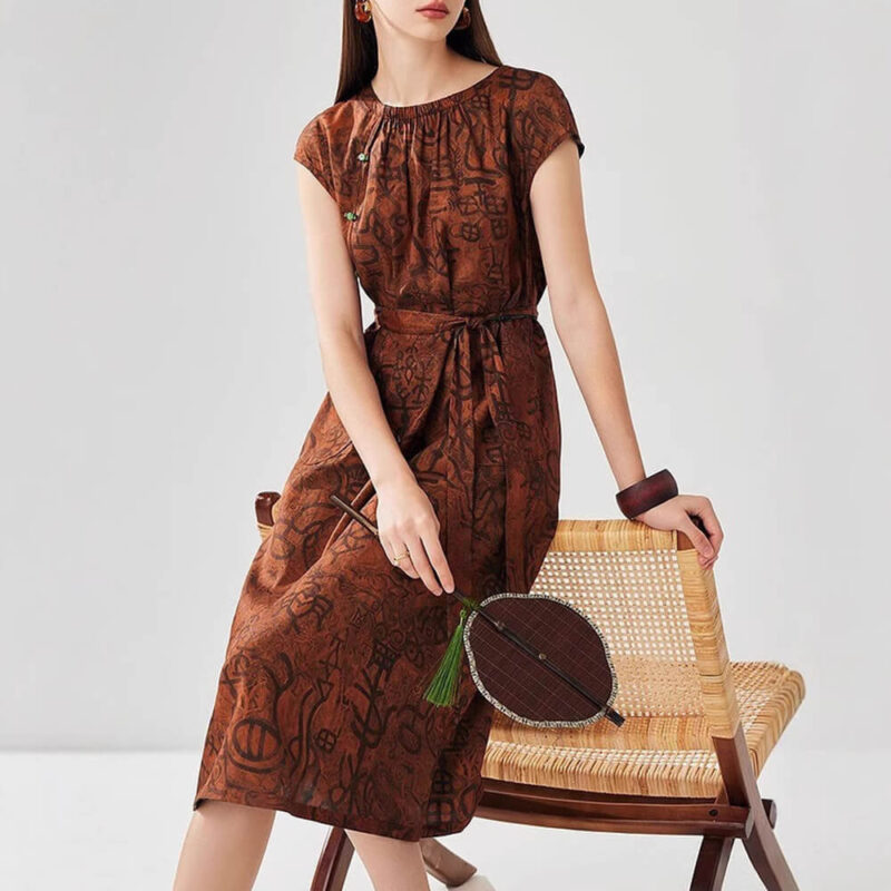 Summer Mulberry Silk Oracle Bone Jacquard Reversible Dress