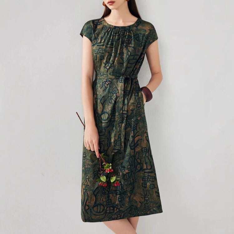 Summer Mulberry Silk Oracle Bone Jacquard Reversible Dress