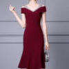 Summer Off shoulder Short sleeved Hand sewn Rhinestones Mid length V neck Slim Fishtail Evening Dress 1