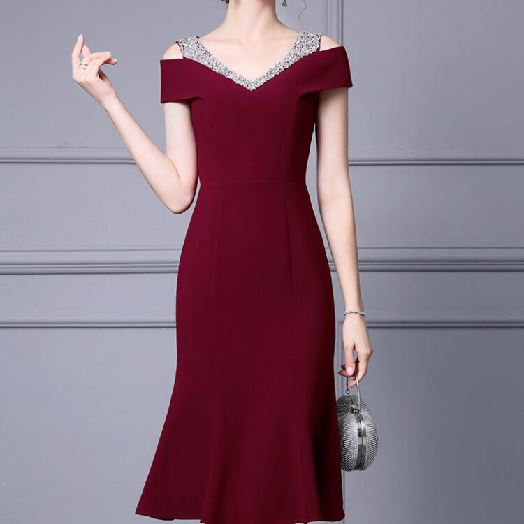 Summer Off-shoulder Short-sleeved Hand-sewn Rhinestones Mid-length V-neck Slim Fishtail Evening Dress