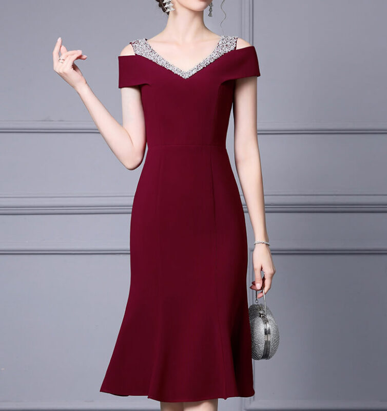 Summer Off shoulder Short sleeved Hand sewn Rhinestones Mid length V neck Slim Fishtail Evening Dress 1