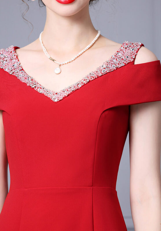 Summer Off shoulder Short sleeved Hand sewn Rhinestones Mid length V neck Slim Fishtail Evening Dress 11