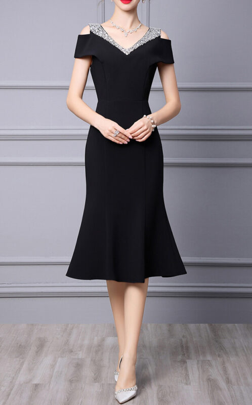 Summer Off shoulder Short sleeved Hand sewn Rhinestones Mid length V neck Slim Fishtail Evening Dress 14