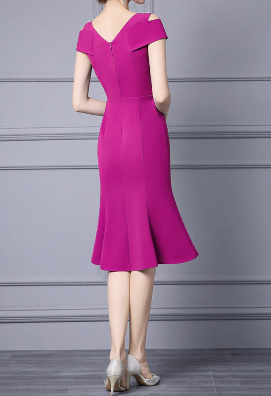 Summer Off shoulder Short sleeved Hand sewn Rhinestones Mid length V neck Slim Fishtail Evening Dress 16