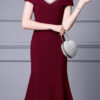 Summer Off shoulder Short sleeved Hand sewn Rhinestones Mid length V neck Slim Fishtail Evening Dress 17