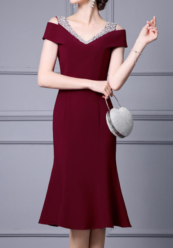 Summer Off shoulder Short sleeved Hand sewn Rhinestones Mid length V neck Slim Fishtail Evening Dress 17