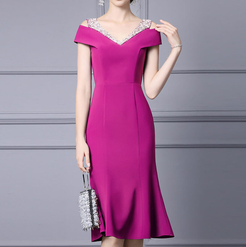 Summer Off shoulder Short sleeved Hand sewn Rhinestones Mid length V neck Slim Fishtail Evening Dress 2