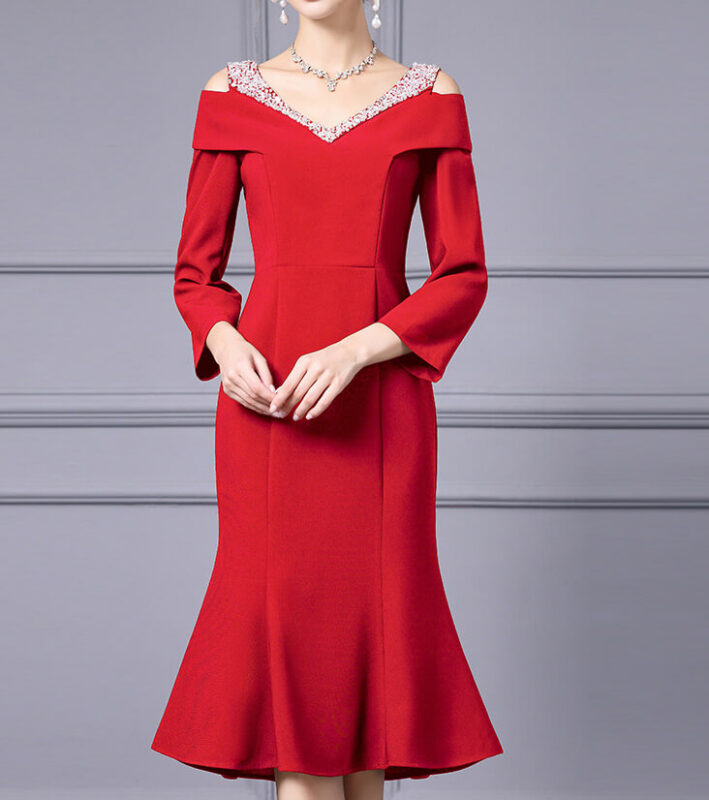Summer Off shoulder Short sleeved Hand sewn Rhinestones Mid length V neck Slim Fishtail Evening Dress 4